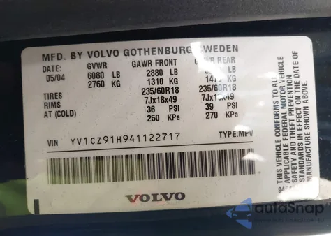 2004 Volvo Xc90 T6 from USA, damaged, VIN YV1CZ91H941122717